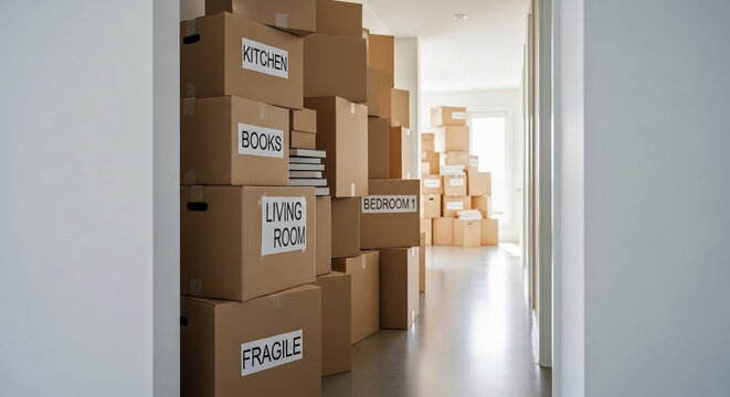 Home hallway completely filled with stacks of labeled cardboard moving boxes. Massive relocation and packing concept in a bright modern apartment