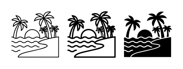 Tropical Beach Sunset Icons, Palm Trees and Ocean Waves, Minimalist Vector Graphics for Summer Vacation and Travel Themes © Jannatul