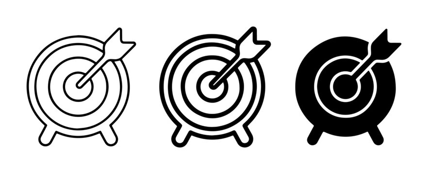 Target Icons, Dartboard Symbols, Bullseye Graphics. Set of three distinct dartboard designs: outline, filled outline, and solid black silhouette, representing accuracy and achievement.