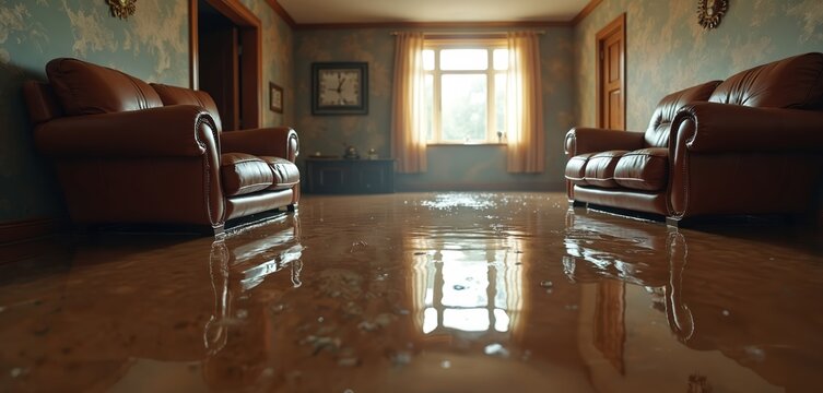 Interior room with water damage. Standing water on floor reflects furniture and window light. Home flooded, causing mess and potential loss.