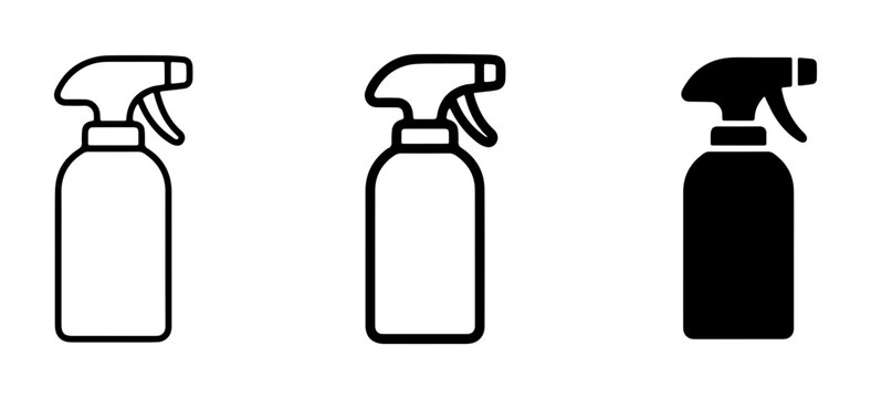 Spray Bottle Icons: Cleaning, Disinfection, and Household Supplies Vector Set. Three distinct spray bottle graphics for hygiene and maintenance applications.
