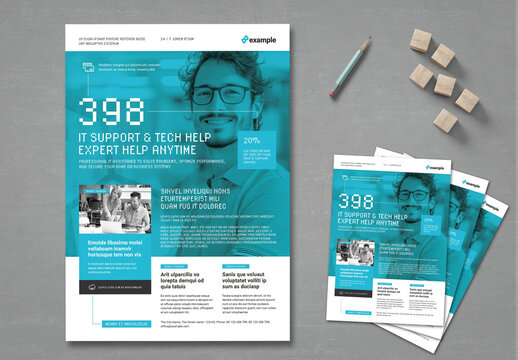 Tech Support IT Services Flyer with Offer in White and Black with Blue Elements