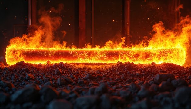 Bright orange metal bar intensely burns with flames and embers. Hot steel glows, sitting on dark rubble. Industrial forge heat creates sparks in factory.