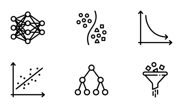 Machine Learning Icons Set: Neural Network, Classification, Graph, Scatter Plot, Decision Tree, Data Filter Vector Graphics