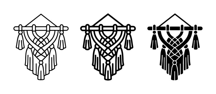 Macrame Wall Hanging Vector Icons Set, Bohemian Tapestry Art, Boho Decor Elements, Textile Craft Designs