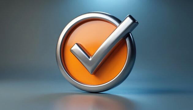 Metallic checkmark emblem on orange circle. Symbol signifies approval confirmation verification. Business finance quality control assurance success symbol.