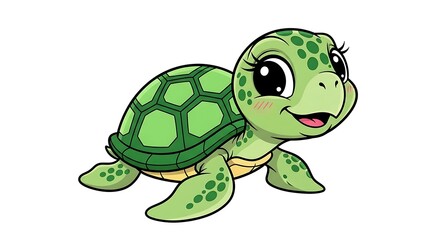 Obraz premium Cute Green Cartoon Sea Turtle Smiling on White Background