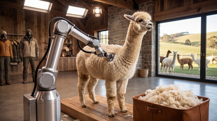 Fototapeta premium Robotic arm shears a calm alpaca in a sunlit rustic barn, collecting fluffy fleece for sustainable wool production and showcasing the intersection of automation and traditional rural farming.