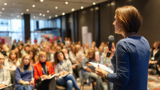 Woman presenter speaking passionately during conference session ,people, women speaking, men sitting on the chair with interest, people with booknote writing, man speaking with oth