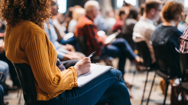 Educational seminar with focused listeners and active speaker ,people, women speaking, men sitting on the chair with interest, people with booknote writing, man speaking with other