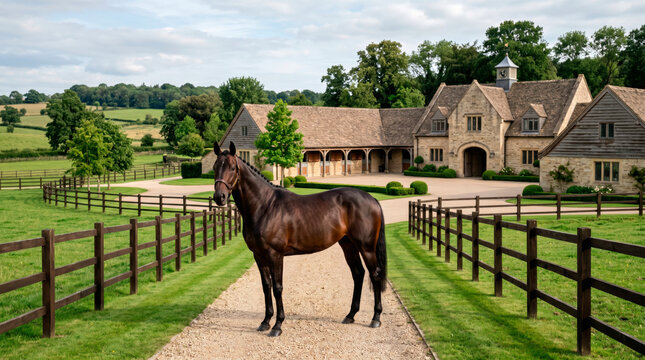 Cavalo escuro em pasto de haras com arquitetura elegante
