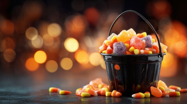 Black treat bucket overflowing with Halloween candy and colorful sweets on bokeh background