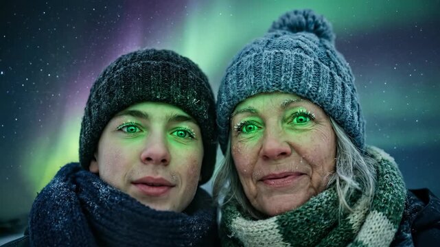 Man and woman watching northern lights in winter night. Smiling couple admiring aurora borealis under starry sky. Outdoor nature viewing with facial glow from atmospheric display
