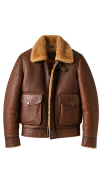 Isolated classic brown leather aviator bomber jacket with warm fur collar for men's fashion