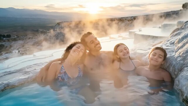 Family enjoying natural hot spring soak at sunset. Man woman and two children relax in blue thermal pool amid travertine terraces. Wellness tourism and outdoor vacation concept in scenic landscape