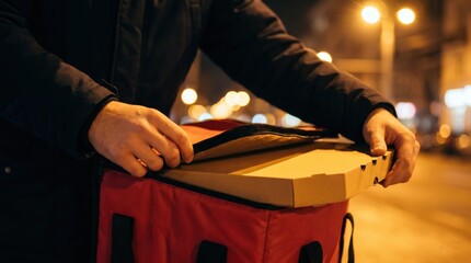 Delivery courier hands taking hot pizza box out of red insulated thermal bag at night