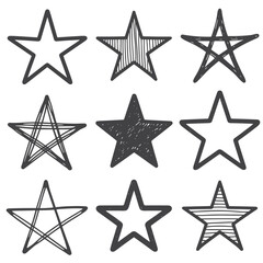 Obraz premium Nine hand drawn star with varied fill patterns and outlines doodle