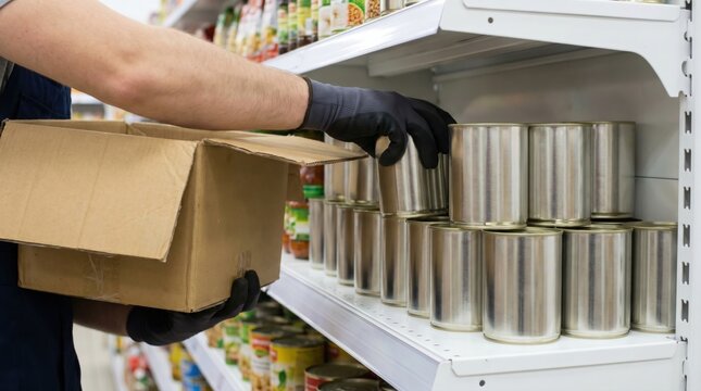 Supermarket employee wearing black gloves stocking unlabelled tin cans onto shelf from cardboard box