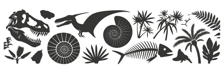 Dinosaur skull pterodactyl ammonite fish skeleton and prehistoric plants silhouettes tyrannosaurus rex skull © Siddhartha