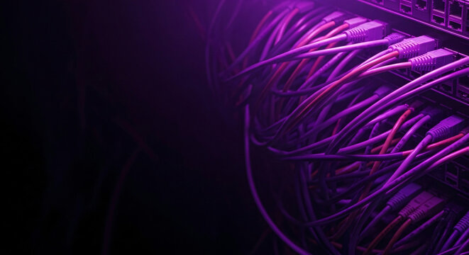 Close-up of a purple electronic circuit board with glowing purple wires against a dark background with a cinematic lighting effect.