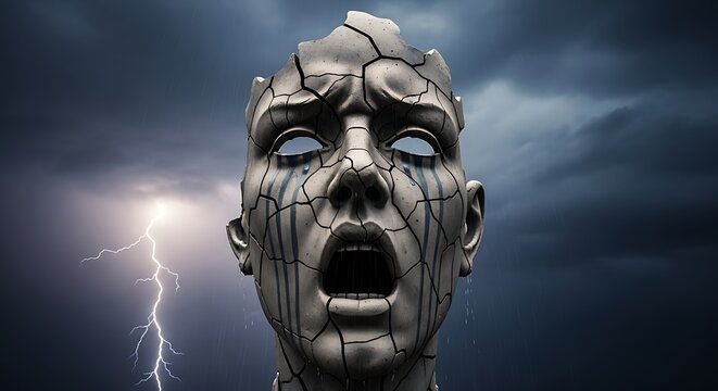 Cracked Stone Human Face Screaming Under Dramatic Stormy Sky