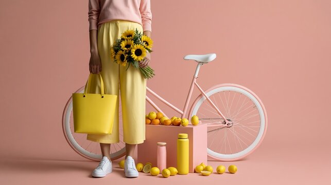 Una mujer con un bolso en la mano y un ramo de girasoles, detalle de la parte inferior