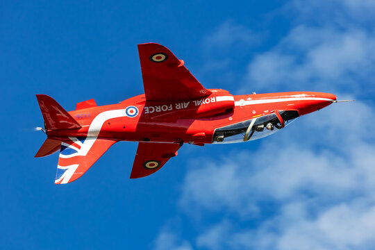 Royal Air Force Red Arrows BAe Hawk T1 (XX281) inverted flight display at Ostrava Airport on September 21, 2025 in Ostrava, Czech Republic