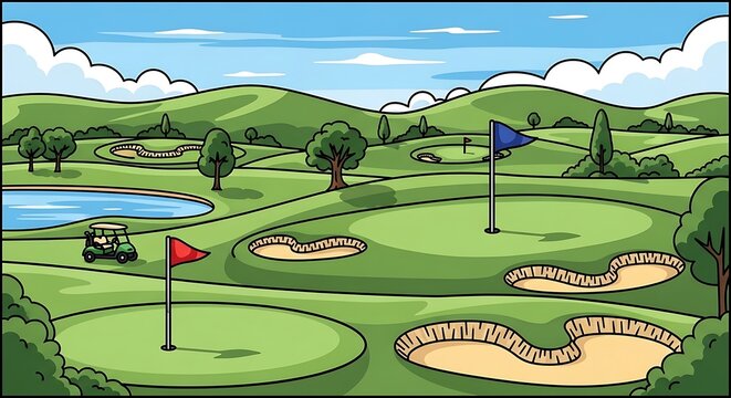 Colorful Cartoon Golf Course with Flags and Sand Bunkers in Rolling Green Landscape