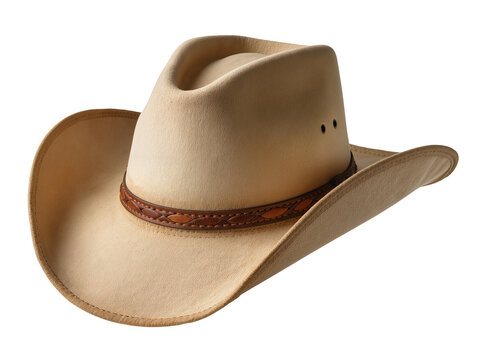 Isolated beige cowboy hat with brown braided leather band, a classic western style accessory