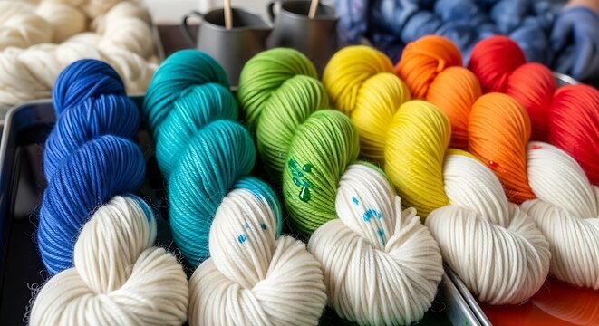 Colorful Yarn Skeins Arranged in Rainbow Rows on Craft Table