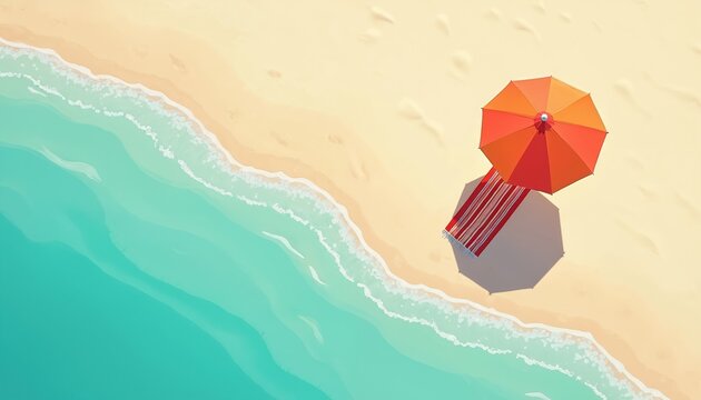 Top view of empty sandy beach with turquoise ocean waves gently lapping shore. Bright orange umbrella and striped towel cast shadows. Peaceful sunny day.