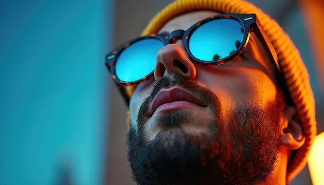 Man with yellow beanie and blue reflective sunglasses looks up. He has beard and mustache. Neon light illuminates him from side. Background is blue bokeh.