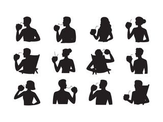Collection of twelve black silhouettes of men and women drinking from coconuts with straws, isolated on a white background, flat for summer vacation and tropical travel themes © Sabbir Art Express