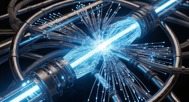 Close-up of glowing blue tubes with electrical discharges and metallic rings on a dark background with a futuristic ambiance.