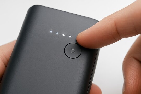 Close-up of a finger pressing the power button on a modern black power bank with led indicator lights. concept of portable charging, tech gadgets, energy solutions
