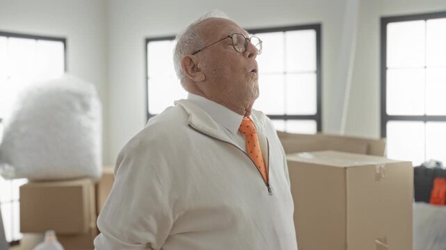 Man with cardboard box looking up, face visible and mouth slightly open in building; quiet contemplation.
