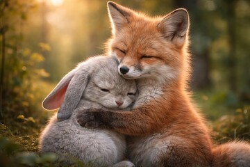 Fototapeta premium Fox and rabbit hugging in the forest. Animals showing affection and friendship. Cute wildlife creatures together in nature. Peaceful interaction of wild animals