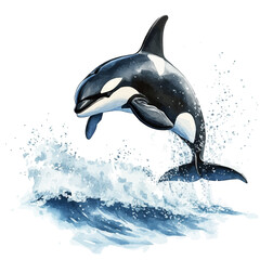 Orca Breaking The Ocean Surface, vector watercolor, isolated on a white background. © Vendrix