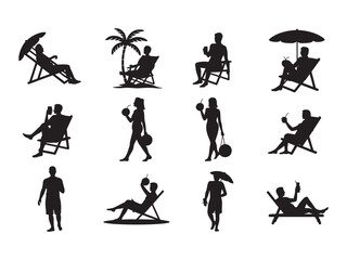 Collection of twelve black silhouettes of people relaxing on beach chairs, holding drinks, and walking, isolated on a white background, featuring summer vacation and tropical themes © Sabbir Art Express