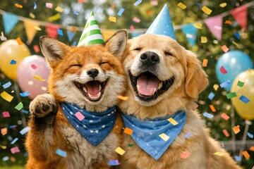 Fototapeta premium Happy fox and dog celebrating with party hats and confetti. Animals having fun at a birthday party in the park. Joyful friendship and festive celebration concept with colorful balloons and bunting
