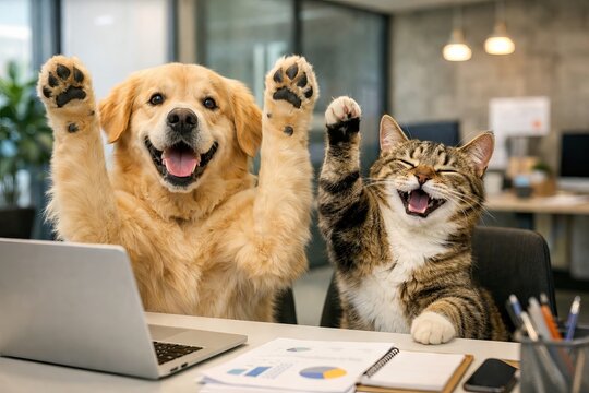 Golden retriever and cat sitting at office desk with paws raised. Happy animals celebrating success at work with laptop. Business concept featuring funny pets working in modern office environment