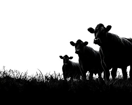 Three black and white cows standing in a field grazing on green grass with a farm and fence in the background on a sunny day.