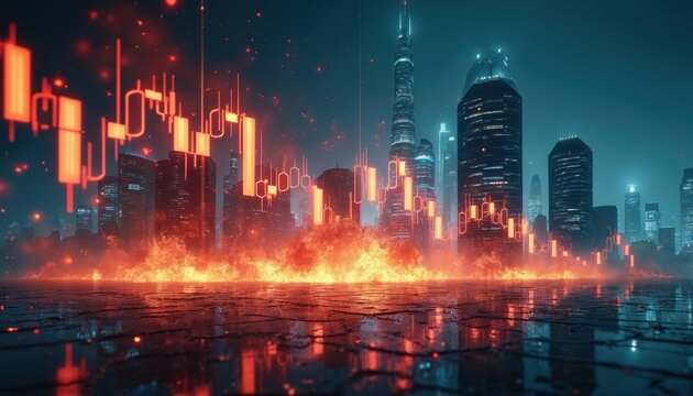 Fiery stock market charts overlay city skyline. Burning financial data reflects on wet ground. Economic crisis, trading loss, global recession danger.