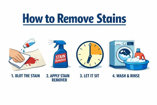 Step-by-step instructional guide on how to remove stains including blotting, applying stain remover, letting it sit, and washing for effective cleaning solutions