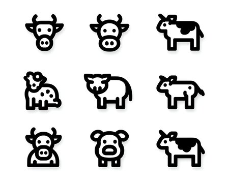 Various simple black and white line drawings display a collection of cartoon cow icons in diffe poses and perspectives on a white background.