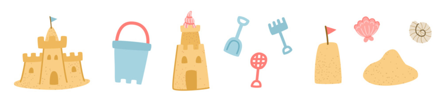Sandcastle beach set with sea shells and tools. Summer vacation elements in naive hand-drawn style. Minimalist doodle for kids stationery, textiles and nursery packaging. Modern silly vibes.