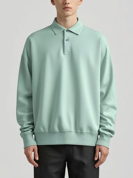 Minimalist light green long-sleeve polo shirt for men, showcasing contemporary casual fashion. A comfortable and versatile top perfect for modern wardrobes