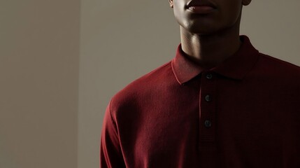 Obraz premium Close-up shot of a man wearing a dark red polo shirt with a collared neckline and buttons, showcasing texture and fabric detail