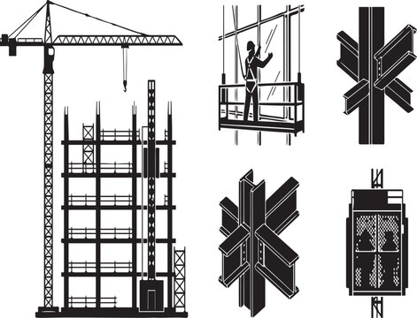 Vertical High-Rise Construction Site and Safety Silhouettes Set