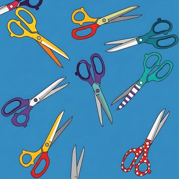 Colorful Illustrated Scissors Scattered on Blue Background